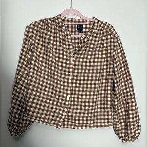 GAP Women's Brown and White Plaid Button Down Shirt